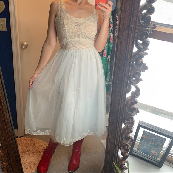Vintage 60s Ice blue skirt lace bodice slip dress - Picture 12 of 13